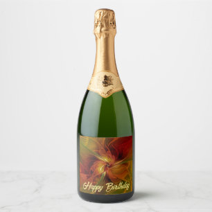 Abstract Red Orange Brown Green Fractal Art Flower Sparkling Wine Label