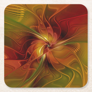 Abstract Red Orange Brown Green Fractal Art Flower Square Paper Coaster