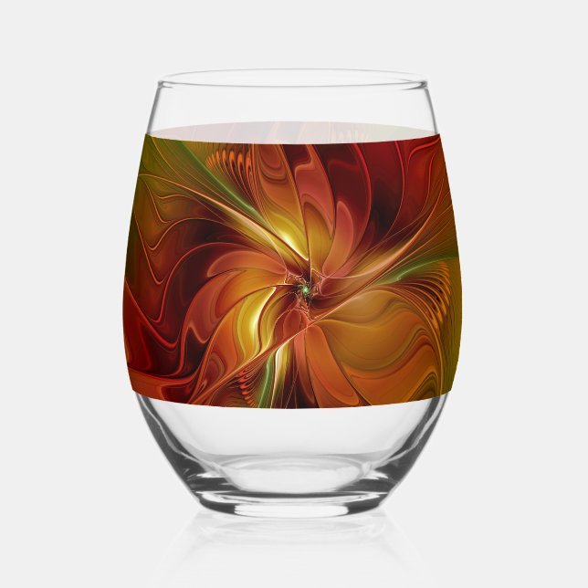 Abstract Red Orange Brown Green Fractal Art Flower Stemless Wine Glass (Front)