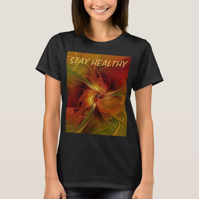 Abstract Red Orange Brown Green Fractal Art Flower T-Shirt (Front)