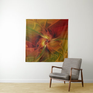 Abstract Red Orange Brown Green Fractal Art Flower Tapestry