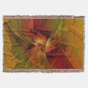 Abstract Red Orange Brown Green Fractal Art Flower Throw Blanket