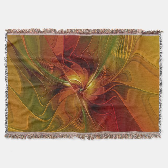 Abstract Red Orange Brown Green Fractal Art Flower Throw Blanket (Front)