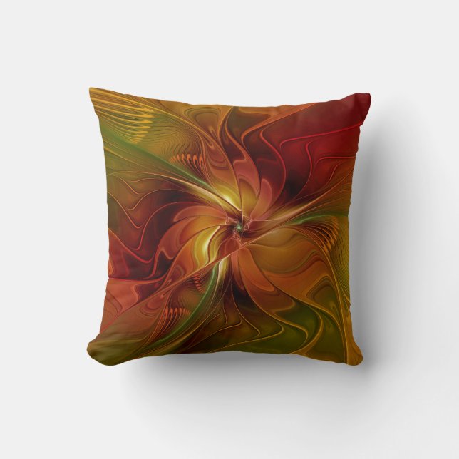 Abstract Red Orange Brown Green Fractal Art Flower Throw Pillow (Front)
