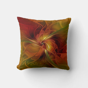 Abstract Red Orange Brown Green Fractal Art Flower Throw Pillow