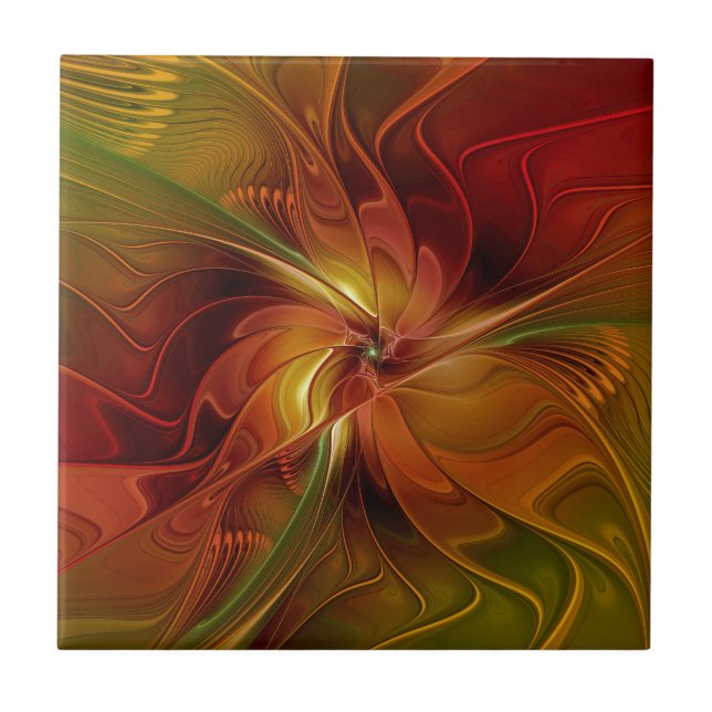 Abstract Red Orange Brown Green Fractal Art Flower Tile (Front)