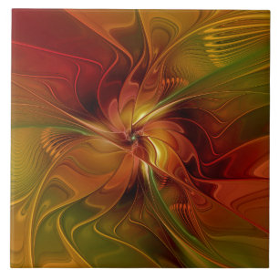 Abstract Red Orange Brown Green Fractal Art Flower Tile
