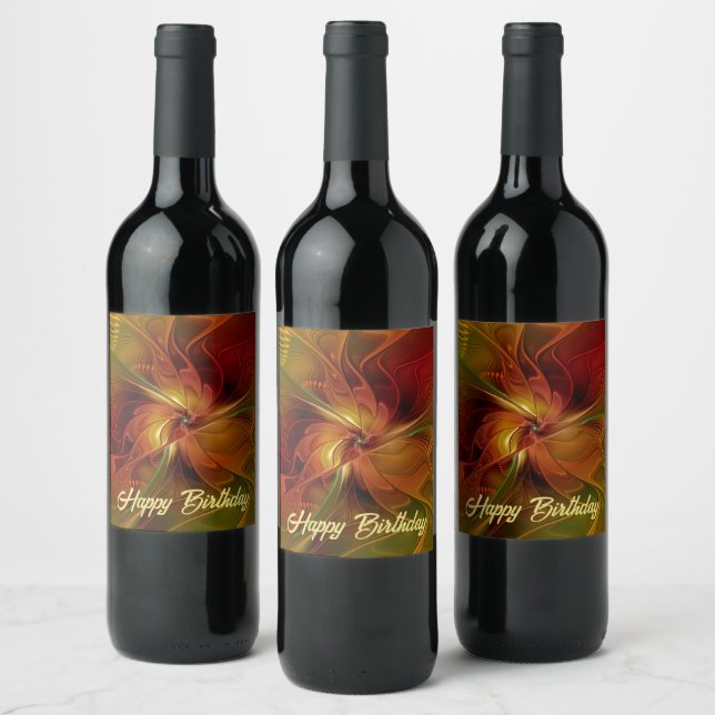 Abstract Red Orange Brown Green Fractal Art Flower Wine Label (Bottles)