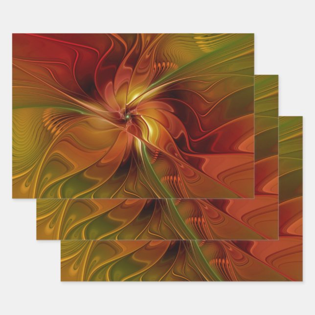 Abstract Red Orange Brown Green Fractal Art Flower Wrapping Paper Sheet (Set)