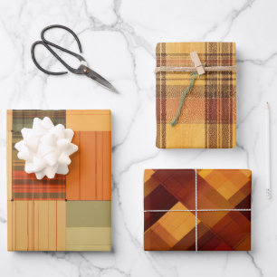 ABSTRACT RED ORANGE GOLD BROWN PLAID PATTERN WRAPPING PAPER SHEET