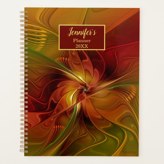 Abstract Red Orange Green Fractal Art Flower Name Planner (Front)