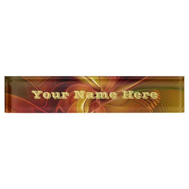 Abstract Red Orange Green Fractal Art Flower Text Nameplate (Front)