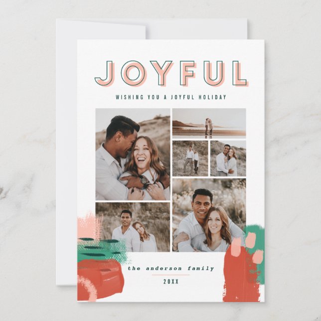 Abstract red, pink + green joyful multi photo card (Front)