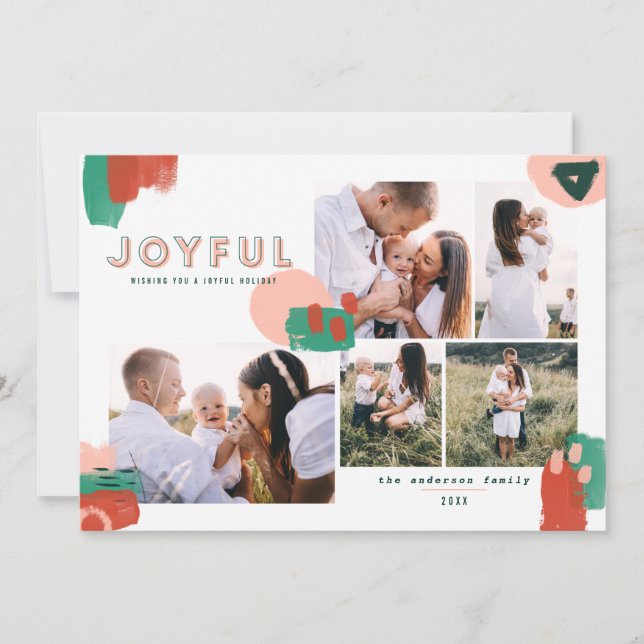 Abstract red, pink + green joyful multi photo holiday card (Front)