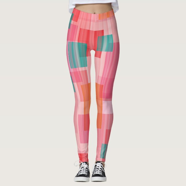 Abstract Red pink teal Geometric Squares Pattern Leggings (Front)