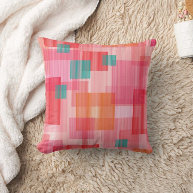 Abstract Red pink teal Geometric Squares Pattern Throw Pillow (Blanket)