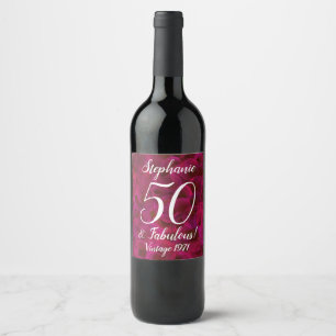 Abstract Red Rose 50 and Fabulous Birthday Wine Label