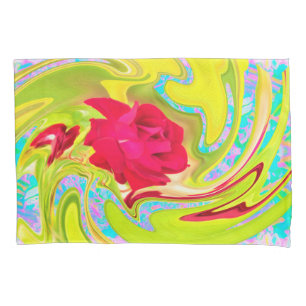 Abstract Red Rose on Yellow and Aqua Swirl Pillowcase