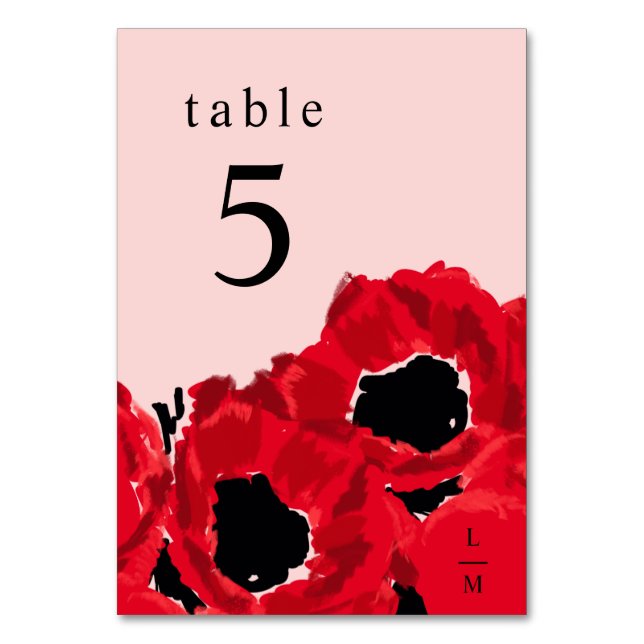 Abstract Red Roses and Poppies Table Number (Front)