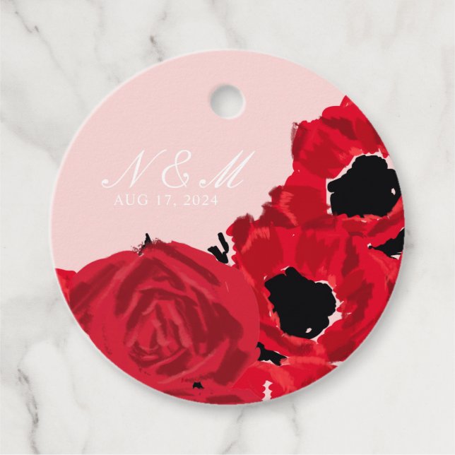 Abstract Red Roses and Poppies Wedding Favour Tags (Front)