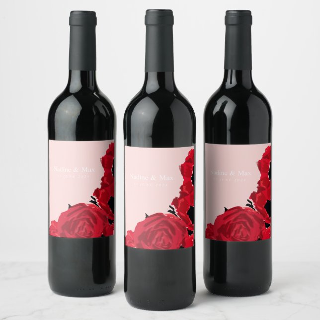 Abstract Red Roses and Poppies Wine Label (Bottles)