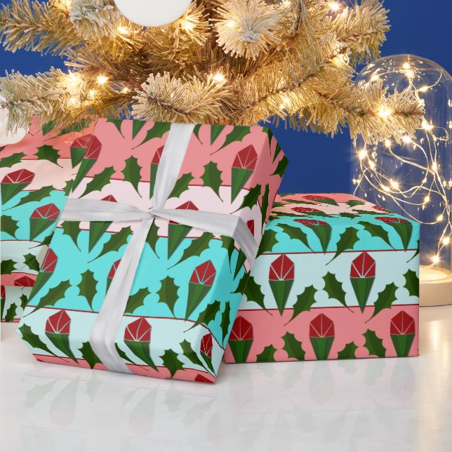 Abstract Red Roses & Leaves Floral, Colour Stripes Wrapping Paper (Holidays)