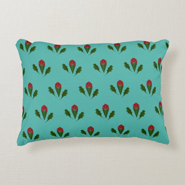 Abstract Red Roses & Leaves Floral, Fountain Blue Accent Pillow (Front)