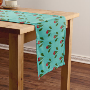 Abstract Red Roses & Leaves Floral, Fountain Blue Long Table Runner