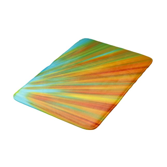 Abstract  red yellow orange green stripes on blue  bath mat (Angled)