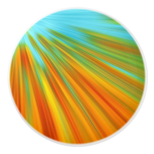 Abstract  red yellow orange green stripes on blue  ceramic knob (Front)