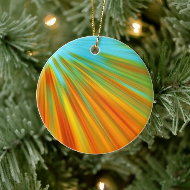 Abstract  red yellow orange green stripes on blue  ceramic ornament (Tree)