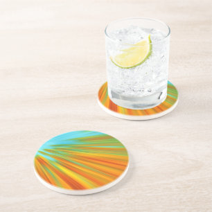 Abstract red yellow orange green stripes on blue coaster