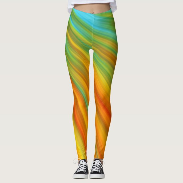 Abstract  red yellow orange green stripes on blue  leggings (Front)
