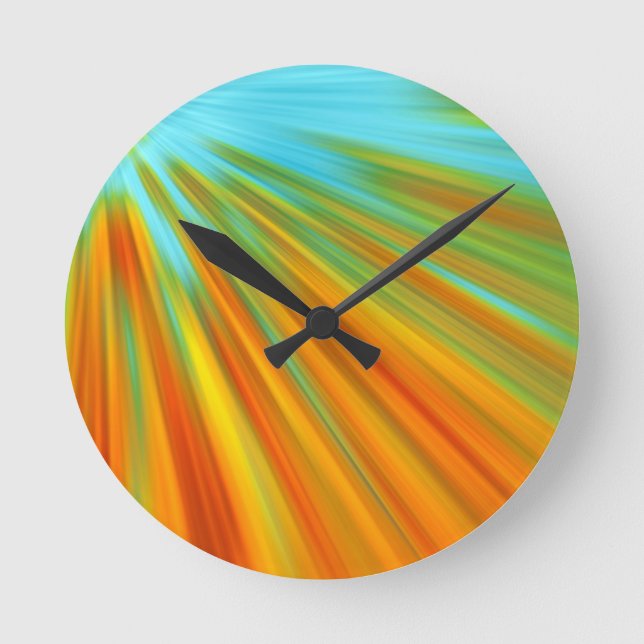 Abstract  red yellow orange green stripes on blue round clock (Front)