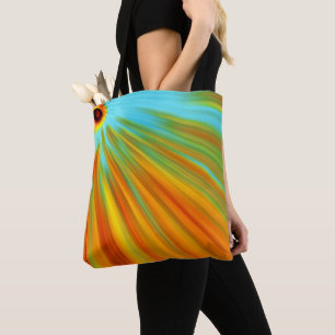 Abstract red yellow orange green stripes on blue tote bag