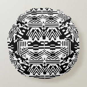 Abstract Reflections: Lines, Cubes, and Monochrome Round Pillow