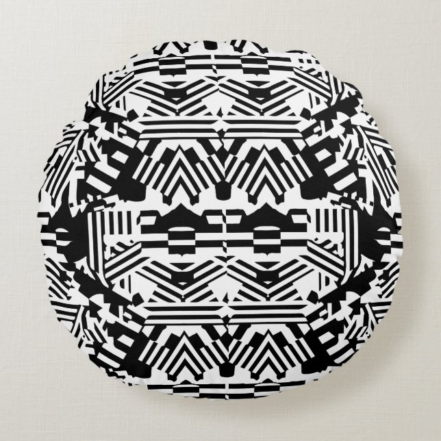 Abstract Reflections: Lines, Cubes, and Monochrome Round Pillow (Front)