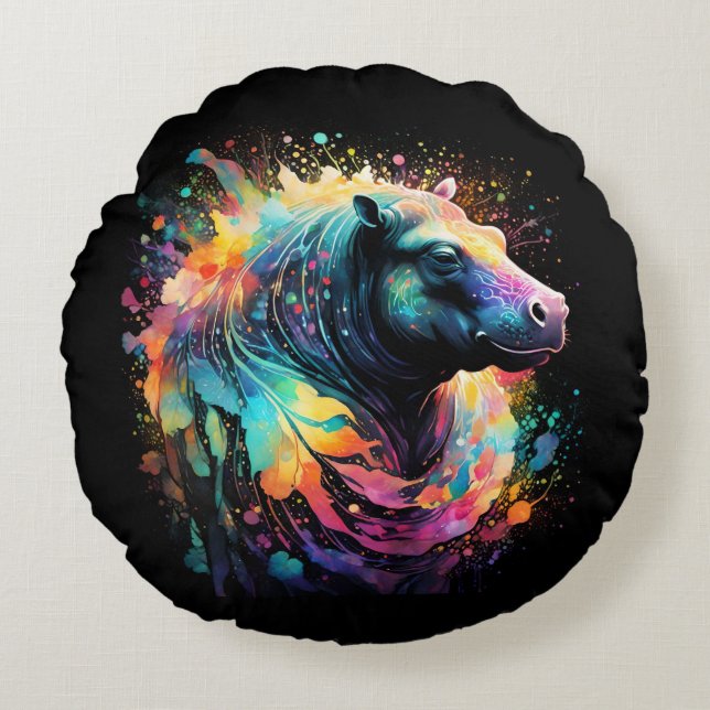 Abstract Reflections: The Painted Hippo, Round Pillow (Front)