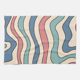 Abstract Retro 70s Marble Blue Red Groovy Pattern Kitchen Towel