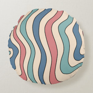 Abstract Retro 70s Marble Blue Red Groovy Pattern Round Pillow