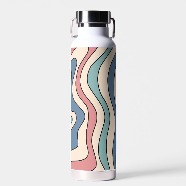Abstract Retro 70s Marble Blue Red Groovy Pattern Water Bottle (Front)