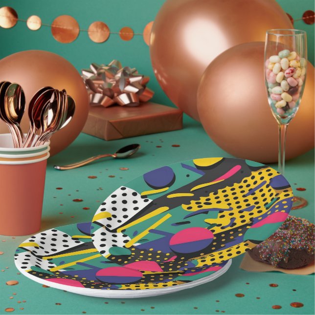 Abstract Retro 80s 90s Theme Party Plates (Multi)
