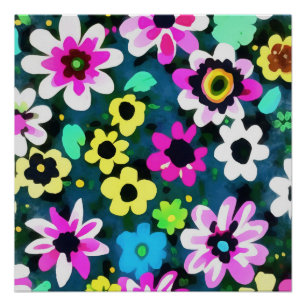 Abstract Retro Boho Spring Flowers Viva Magenta  Poster
