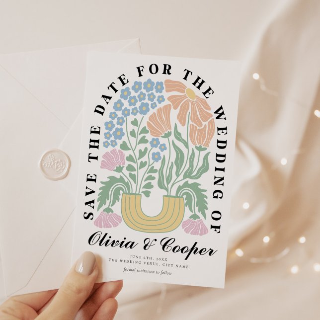 Abstract Retro Bright Colourful Floral Wedding Save The Date (Creator Uploaded)