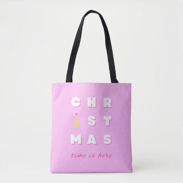Abstract Retro Christmas Pink Holiday Decor Preppy Tote Bag (Front)