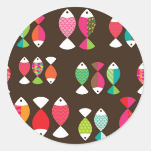 Abstract retro fish underwater pattern 2 classic round sticker