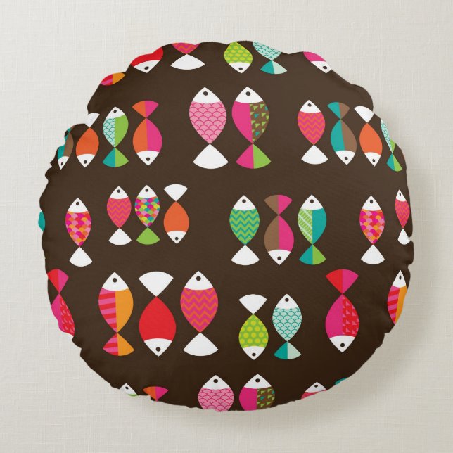 Abstract retro fish underwater pattern 2 round pillow (Front)