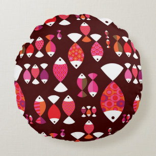 Abstract retro fish underwater pattern round pillow