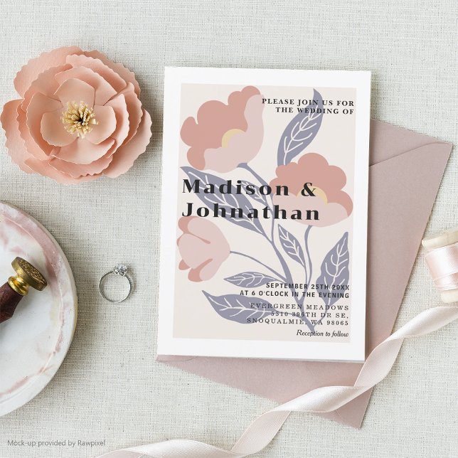 Abstract Retro Floral Pink & Blue Wedding Invitation (Creator Uploaded)