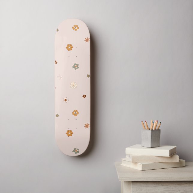 Abstract Retro Hippie Floral Pattern Baby Pink  Skateboard (Wall Art)